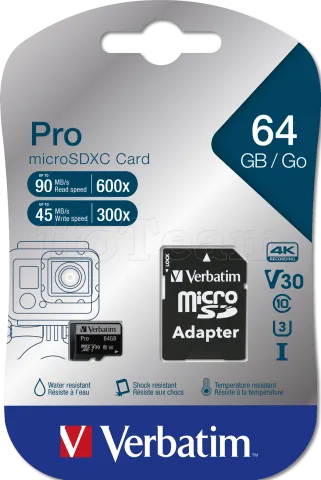 Photo de Carte mémoire Micro SD Verbatim Pro U3 - 64Go avec adaptateur