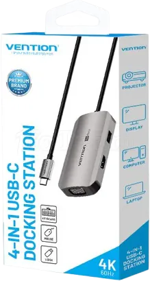 Photo de Adapatateur USB-C Vention vers 1x USB-C + 1x VGA + 1x HDMI + 1x USB-A 0.15m (Gris)