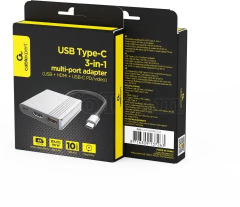 Photo de Adaptateur 3en1 USB-C CableXpert vers USB-A + HDMI + USB-C 18cm (Gris)