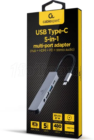 Photo de Adaptateur 5en1 USB-C CableXpert vers 2 x USB-A + HDMI + USB-C + Jack 3.5mm 12cm (Gris)