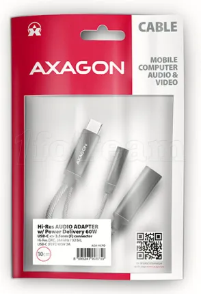 Photo de Adaptateur Axagon ADA-HCPD USB-C vers Jack 3,5mm + USB-C M/F (Noir)