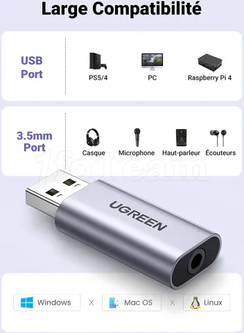 Photo de Adaptateur UGreen USB Type A vers Jack 3,5mm M/F (Gris)