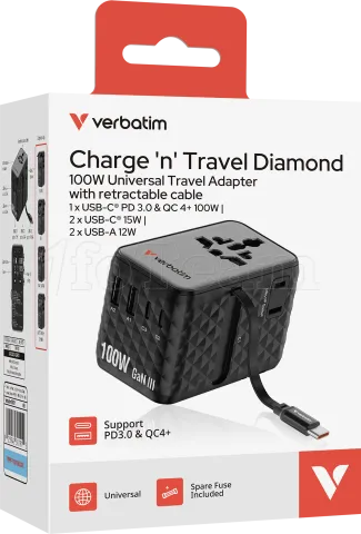 Photo de Adaptateur universel de voyage Verbatim Charge'n'Travel 100W (Noir)