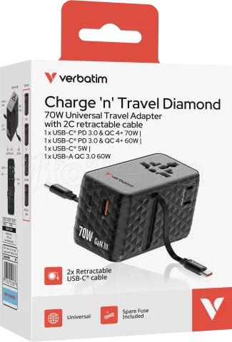 Photo de Adaptateur universel de voyage Verbatim Charge'n'Travel 70W (Noir)
