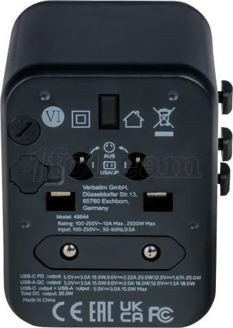 Photo de Adaptateur universel de voyage Verbatim UTA-02 20W (Noir)