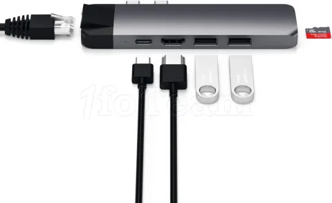 Photo de Adaptateur USB 3.0 Type C pour Macbook Pro Satechi Pro Hub vers RJ45, HDMI, SD, USB-A et Type C (Gris)