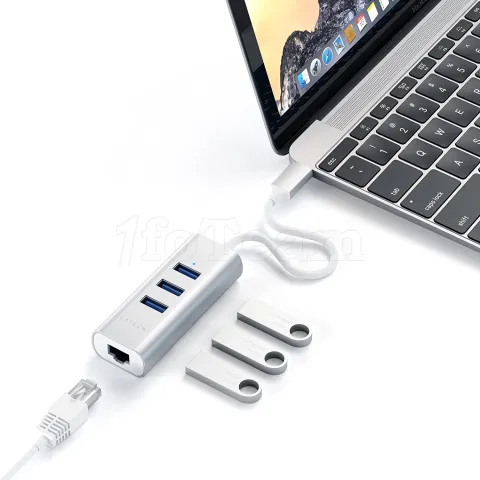 Photo de Adaptateur USB 3.0 Type C Satechi vers RJ45 et Hub 3 ports (Argent)