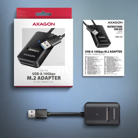 Photo de Adaptateur USB 3.2 Axagon ADM2-AM vers M.2 S-ATA/NVMe auto-alimenté