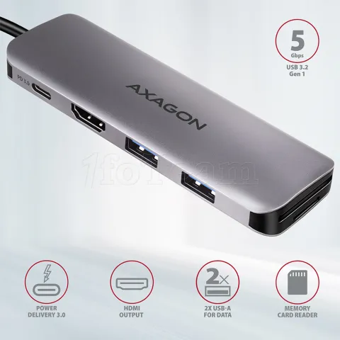Photo de Adaptateur USB-C 3.0 Axagon HMC-H3A vers HDMI, 3x USB-A  et lecteur de cartes (Gris)