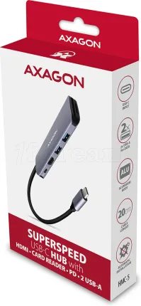 Photo de Adaptateur USB-C 3.0 Axagon HMC-H3A vers HDMI, 3x USB-A et lecteur de cartes (Gris)