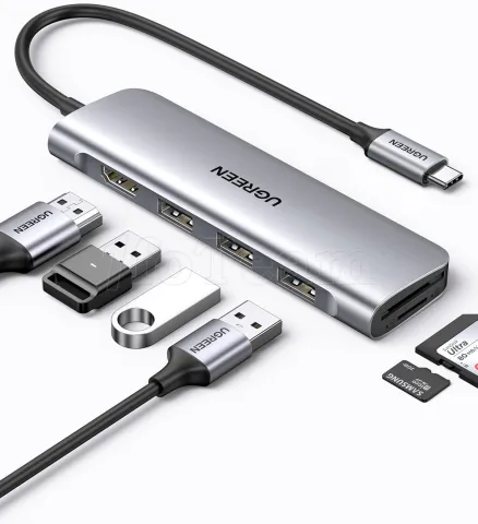 Photo de Adaptateur USB-C Ugreen Revodok vers 1x HDMI + 3x USB-A 3.0 + SD/MicroSD (Gris)