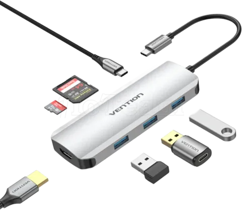 Photo de Adaptateur USB-C Vention vers 3x USB-A + 1x HDMI+ 1x USB-C 100W 0.15m (Gris)