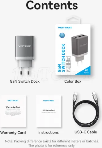 Photo de Adaptateur USB-C Vention vers USB-A + HDMI avec chargeur 65W (Gris)
