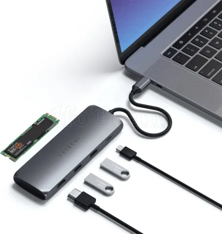 Photo de Adaptateur USB Type C Satechi Hybrid vers SSD M.2, HDMI et 3xUSB (Gris)