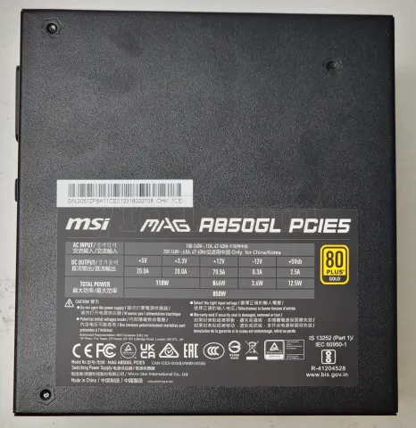 Photo de Alimentation ATX MSI Mag A850GL PCIe5 - 850W (Noir) - SN 3067ZP8A11CE010318000708 - ID 203759