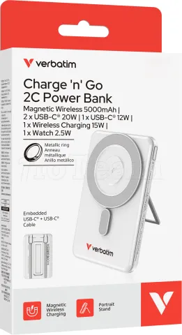 Photo de Batterie externe magnétique Verbatim Charge'n'Go + 2x USB-C - 5000mAh (Argent)