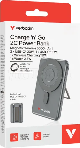 Photo de Batterie externe magnétique Verbatim Charge'n'Go + 2x USB-C - 5000mAh (Gris)