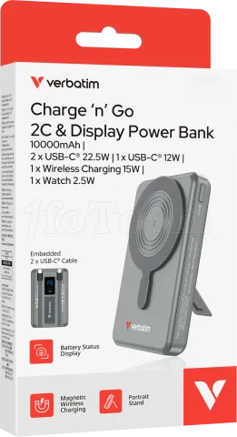 Photo de Batterie externe sans fil magnétique Verbatim Charge'n'Go 2C - 10000mAh (Gris)