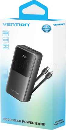 Photo de Batterie externe USB avec écran Vention - 20000mAh 22.5W (Noir) + Cables USB/C + Lightning inclus (Noir)