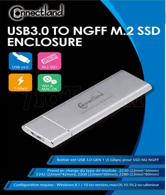 Photo de Boitier externe USB 3.0 Connectland - S-ATA M.2 Type 2280 (Argent)