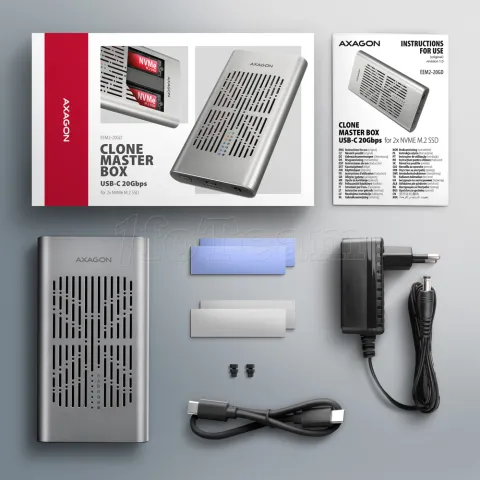 Photo de Boitier externe USB 3.2 Axagon Clone Master Box - 2x NVMe M.2 Type 2280 (Argent)