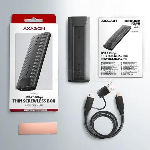 Photo de Boitier externe USB 3.2 Axagon EEM2-GTS2 - S-ATA/NVMe M.2 Type 2280 (Argent)