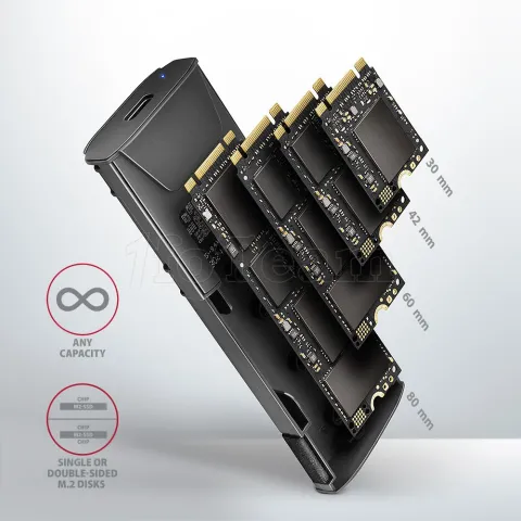 Photo de Boitier externe USB 3.2 Axagon EEM2-GTS2 - S-ATA/NVMe M.2 Type 2280 (Argent)