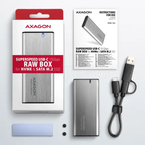 Photo de Boitier externe USB 3.2 Axagon EEM2-SG2 - S-ATA/NVMe M.2 Type 2280 (Argent)