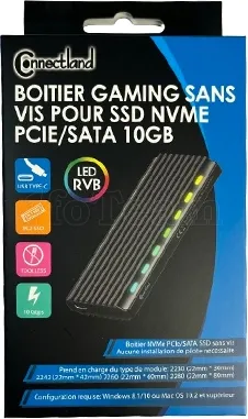 Photo de Boitier externe USB 3.2 Connectland RGB - S-ATA/NVMe M.2 Type 2280 (Noir)