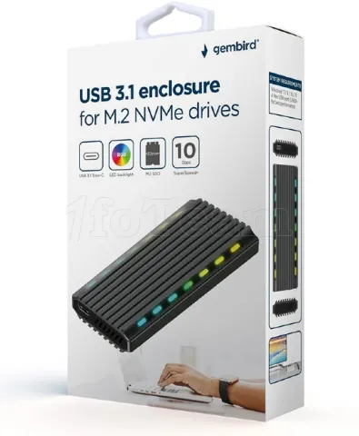 Photo de Boitier externe USB 3.2 Gembird RGB - S-ATA M.2 Type 2280 (gris)