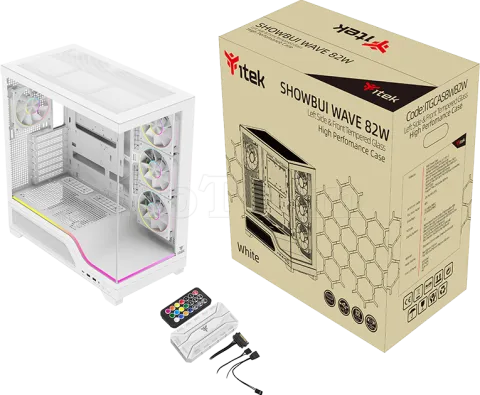 Photo de Boitier Moyen Tour ATX iTek Showbui Wave 82W ARGB avec panneaux vitrés (Blanc)