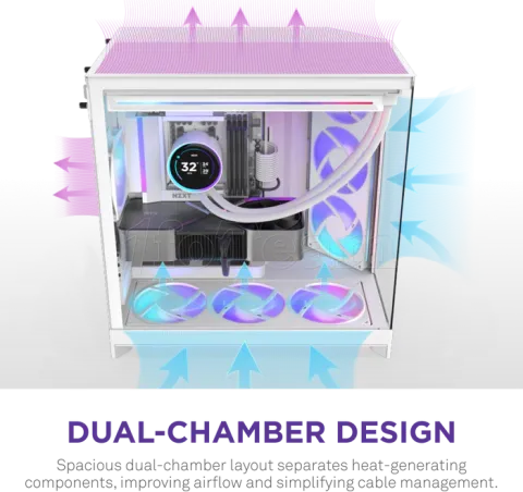 Photo de Boitier Moyen Tour ATX NZXT H9 Flow RGB avec panneaux vitrés (Blanc)