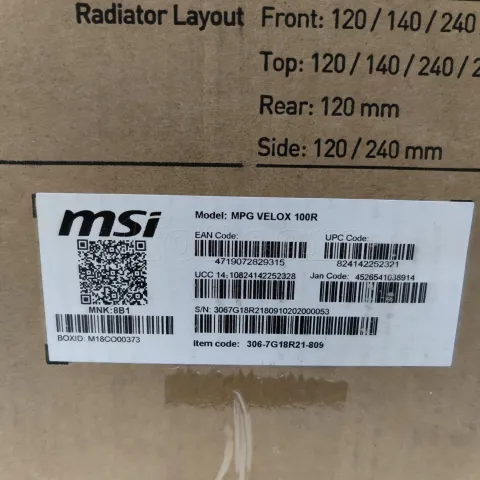 Photo de Boitier Moyen Tour E-ATX MSI MPG Velox 100R RGB avec panneaux vitrés (Noir) ID 184454 - S/N 3067G18R2180910202000053