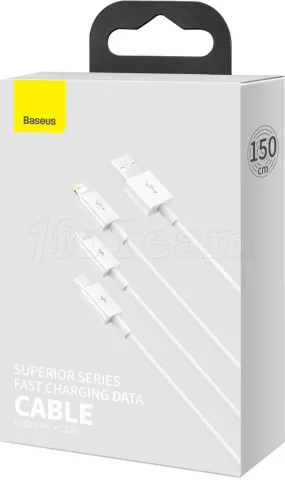 Photo de Cable 3 en 1 Baseus Superior USB 2.0 type A vers Micro USB, Type C & Lightning M/M 1,5m (Blanc)