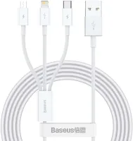 Photo de Cable 3 en 1 Baseus Superior USB 2.0 type A vers Micro USB, Type C & Lightning M/M 1,5m (Blanc)