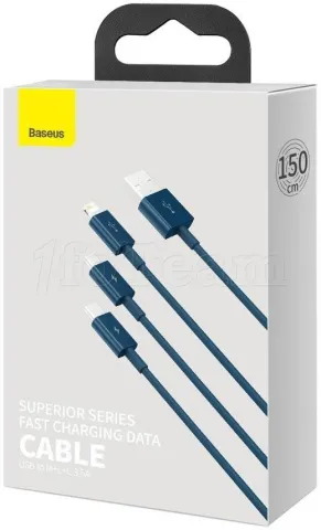 Photo de Cable 3 en 1 Baseus Superior USB 2.0 type A vers Micro USB, Type C & Lightning M/M 1,5m (Bleu)