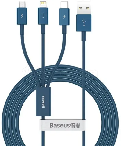 Photo de Cable 3 en 1 Baseus Superior USB 2.0 type A vers Micro USB, Type C & Lightning M/M 1,5m (Bleu)