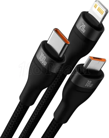 Photo de Câble 3en1 Baseus Flash Series II USB 2.0 type A/C vers Micro USB, Type C & Lightning M/M 1,m (Noir)