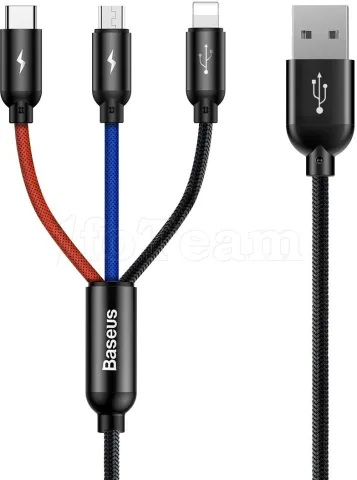 Photo de Cable 3en1 Baseus Primary Colors USB 2.0 type A vers Micro USB, Type C & Lightning M/M 30cm (Noir/Rouge/Bleu)