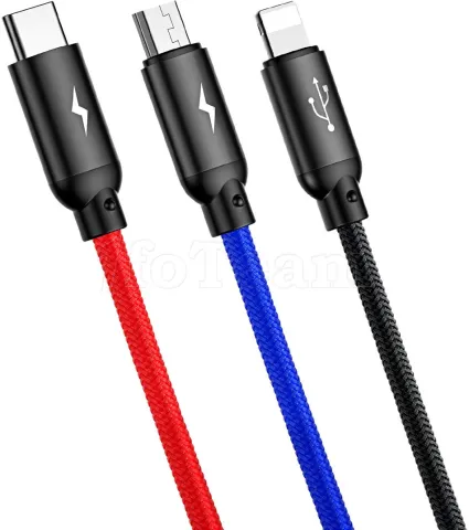 Photo de Cable 3en1 Baseus Primary Colors USB 2.0 type A vers Micro USB, Type C & Lightning M/M 30cm (Noir/Rouge/Bleu)