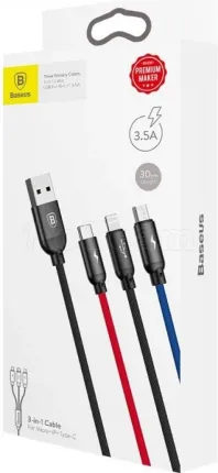 Photo de Cable 3en1 Baseus Primary Colors USB 2.0 type A vers Micro USB, Type C & Lightning M/M 30cm (Noir/Rouge/Bleu)