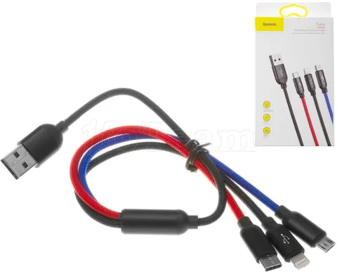 Photo de Cable 3en1 Baseus Primary Colors USB 2.0 type A vers Micro USB, Type C & Lightning M/M 30cm (Noir/Rouge/Bleu)