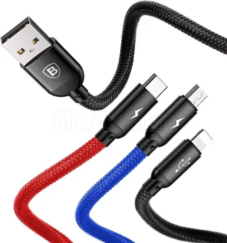 Photo de Cable 3en1 Baseus Rapid USB 2.0 type A vers Micro USB, Type C & Lightning M/M 1,2m (Noir/Rouge/Bleu)