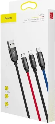 Photo de Cable 3en1 Baseus Rapid USB 2.0 type A vers Micro USB, Type C & Lightning M/M 1,2m (Noir/Rouge/Bleu)
