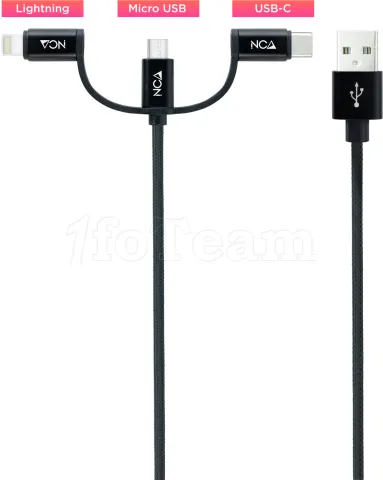 Photo de Cable 3en1 Nanocable USB-A 2.0 vers Micro USB, Type C & Lightning M/M 1m (Noir)