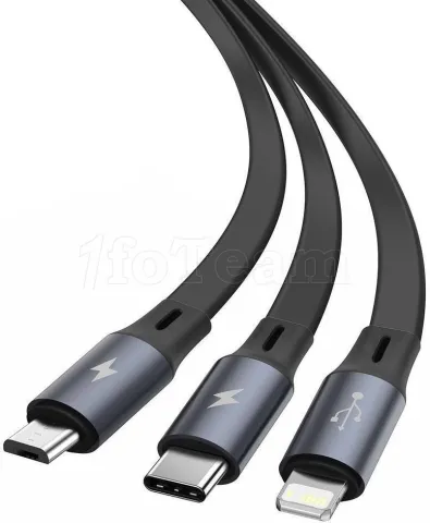 Photo de Câble 3en1 rétractable Baseus Bright Mirror USB 2.0 type A vers Micro USB, Type C & Lightning M/M 1,1m (Noir)