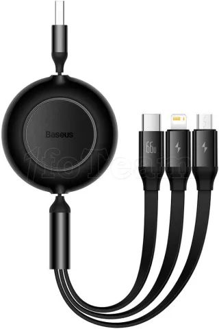 Photo de Câble 3en1 rétractable Baseus Bright Mirror USB 2.0 type A vers Micro USB, USB-C & Lightning M/M 1,1m 66W (Noir)