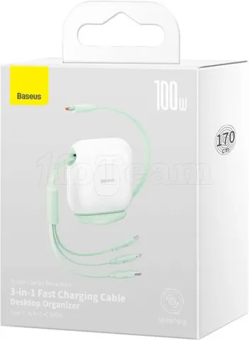 Photo de Câble 3en1 rétractable Baseus Traction USB 2.0 type C vers Micro USB, Type C & Lightning M/M 1,1m (Vert/Blanc)