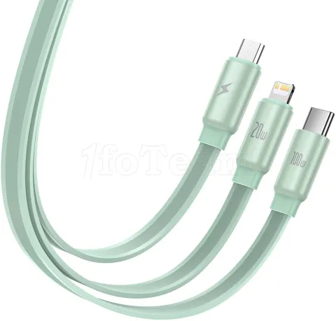 Photo de Câble 3en1 rétractable Baseus Traction USB 2.0 type C vers Micro USB, Type C & Lightning M/M 1,1m (Vert/Blanc)