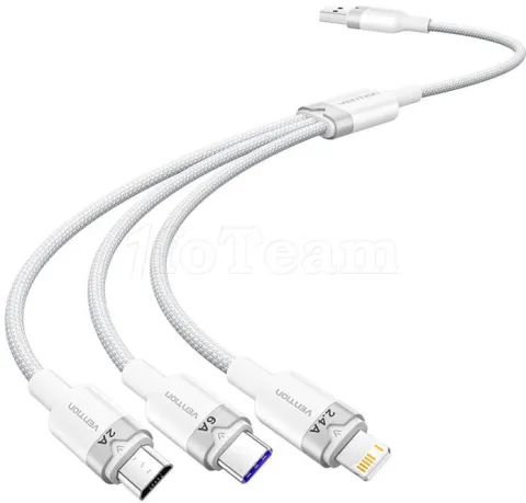 Photo de Cable 3en1 Vention USB-A 2.0 vers Micro USB, USB-C & Lightning M/M 1.5m (Blanc)